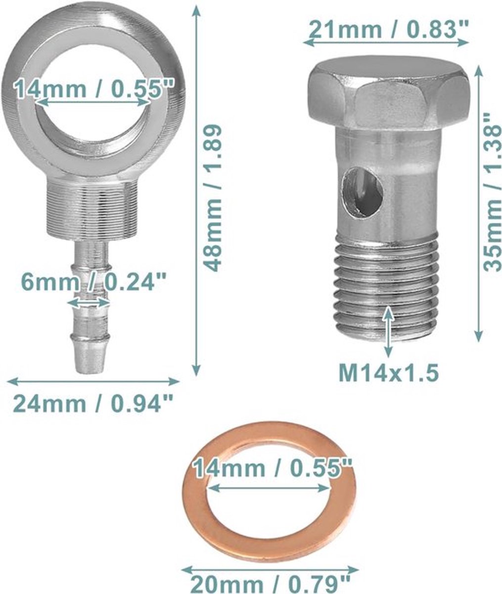 Banjo Fitting Adapter 14mm ID 6mm OD M14x1.5 Zilver - 4 Stuks