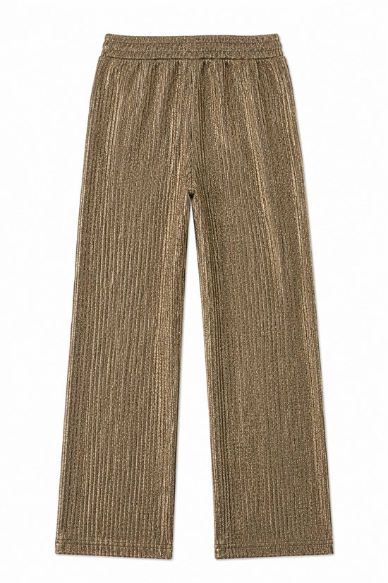 Gouden broek met plooien en elastische tailleband.