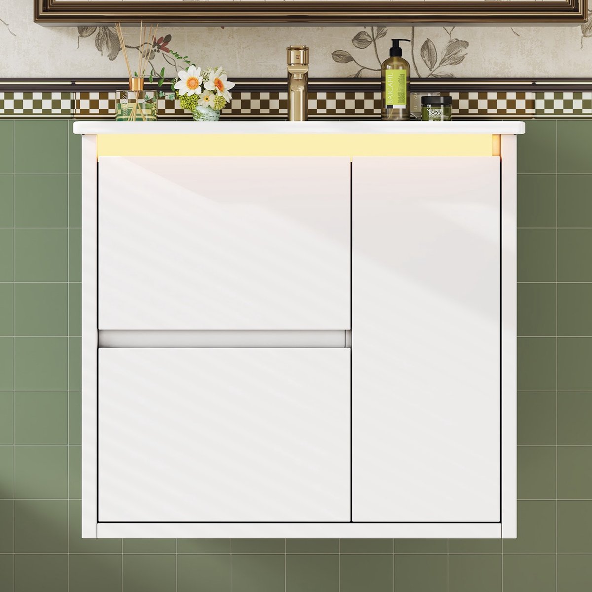 VVBV Badmeubelset 61x46.5x57 cm - Keramische Wastafel, Soft-Close, Opbergruimte, LED-Verlichting - Wit, Keramiek & MDF