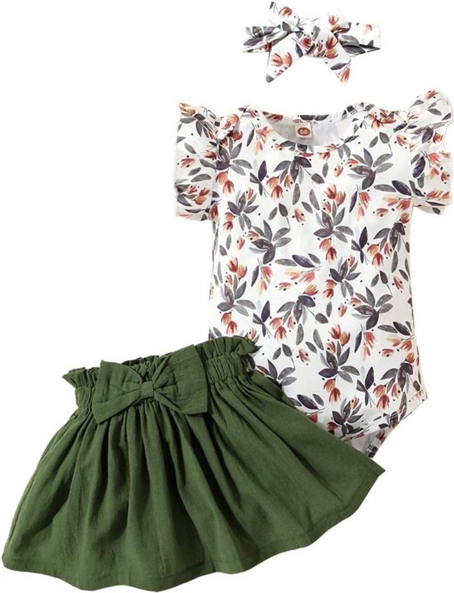 3-delige Babyset voor Meisjes: Zomer Kleding met Korte Mouwen, Romper, Rok en Haarband voor 3-24 Maanden (Bloemen en Luipaardprint)