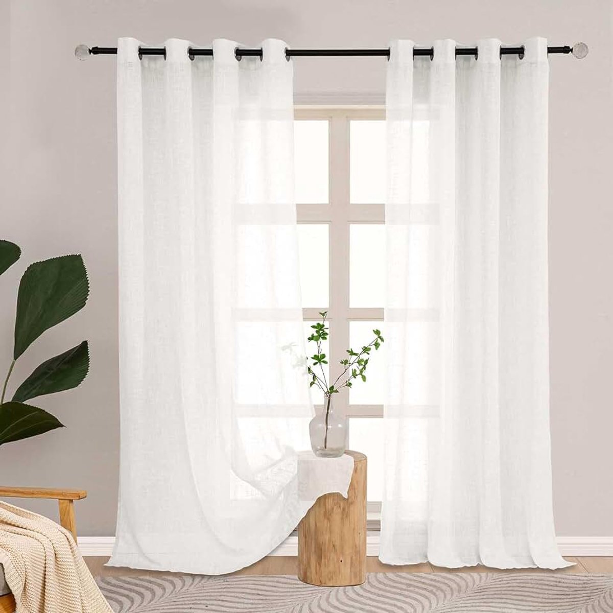 Gordijn off-white half-transparant met oogjes, gordijnen modern voor ramen van slaapkamers eenkleurig licht doorschijnend decoratieve gordijnen set van 2 voor hoekramen, linnenlook 175 cm lang