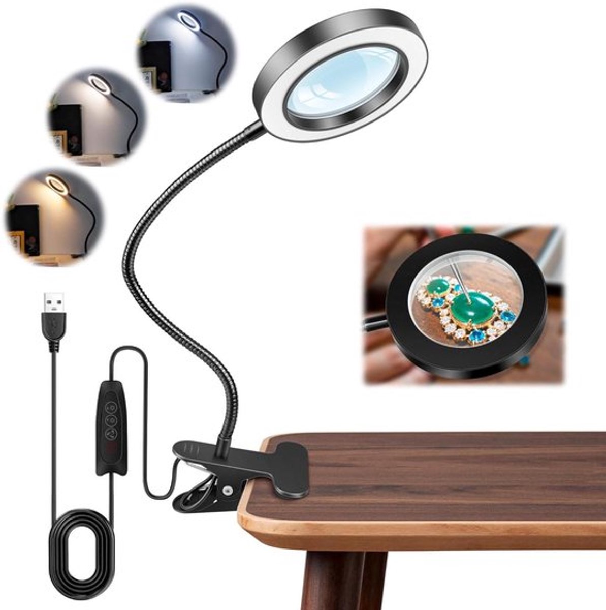 10x Vergroting Loupelamp met Verstelbare Helderheid en USB-aansluiting - Ideaal voor Hobby, Naaien en Modelleren - Zwart met 5 Kleuren LED en Flexibele Arm