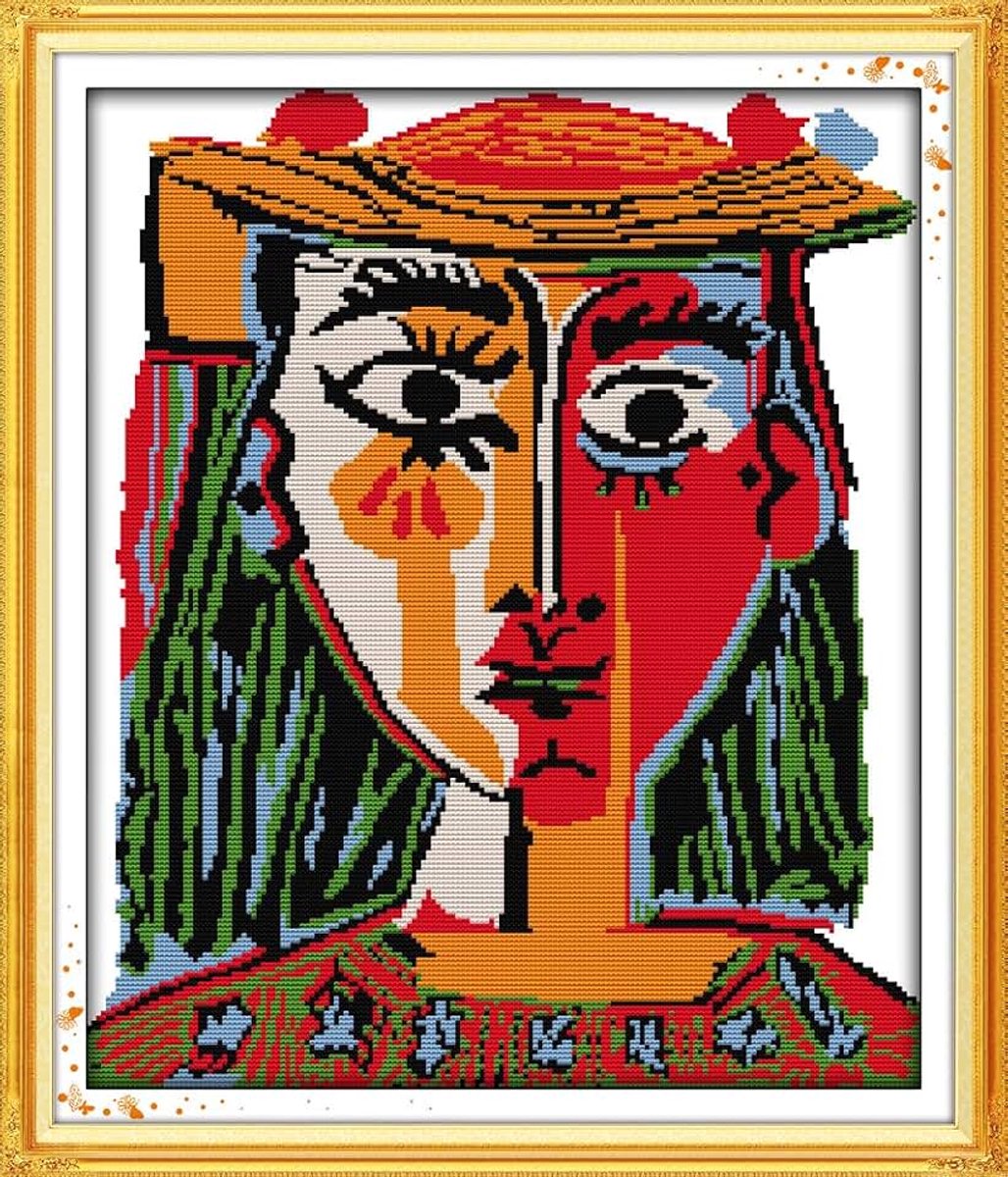 Artcici Voorgedrukte Picasso draagt een hoed van de vrouw kruissteek kits voor beginners, 11 ct doe-het-zelf borduurpakket met gesorteerde draden gestempeld patronen handwerkbenodigdheden (50 cm x 58
