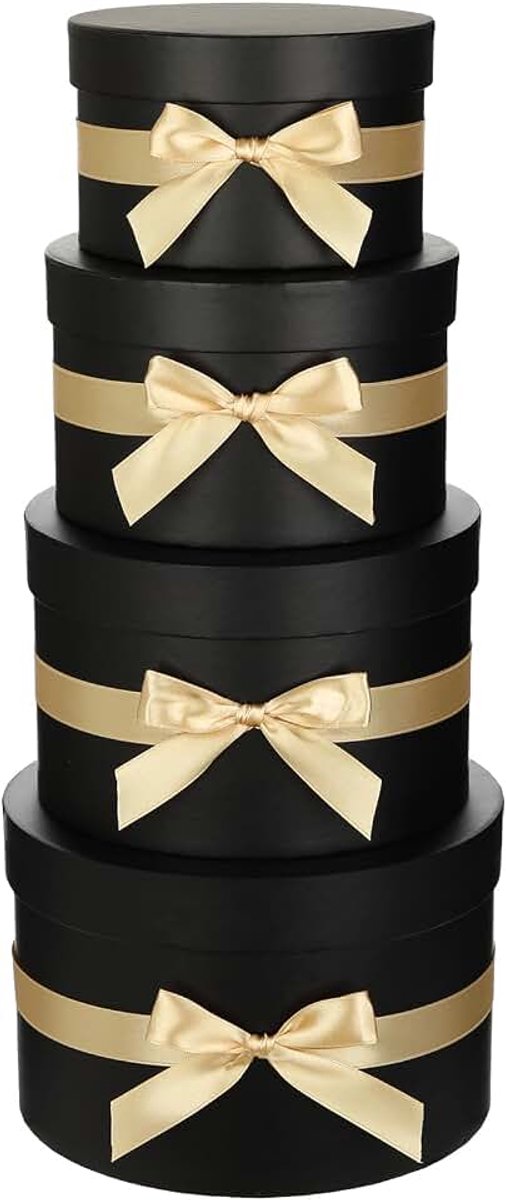 Dozen met deksels en champagne zijden lint set van 4 ronde geschenkdozen voor geschenken luxe hoedendoos met strik papieren bloemdoos voor bruiloft, verjaardag, Valentijnsdag