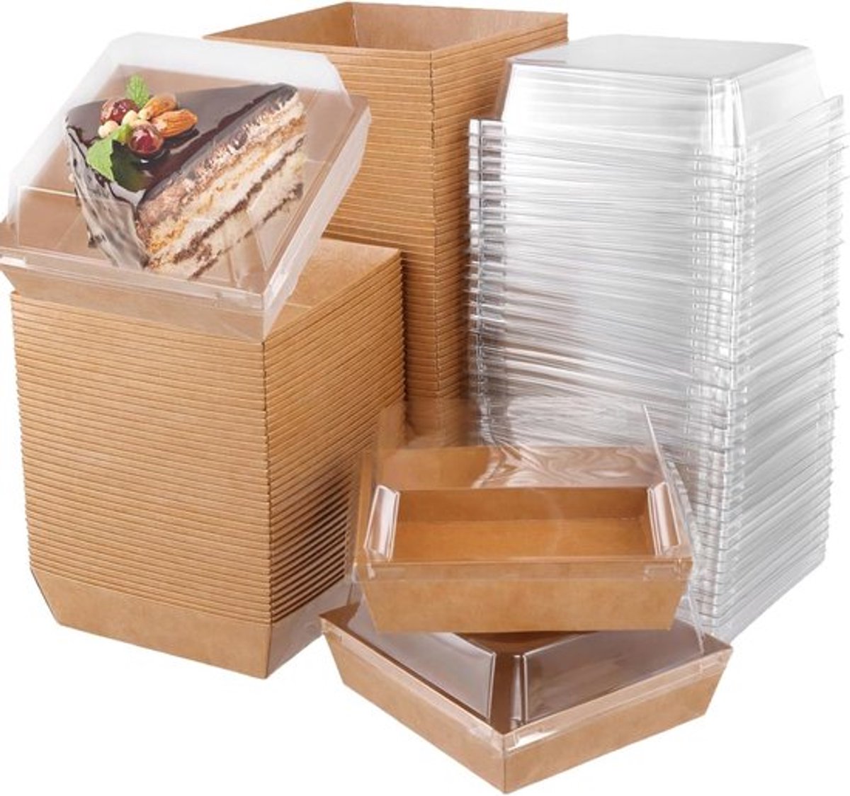 100 Stuks Vierkante Kraft Papieren Cake Dozen met Duidelijke Plastic Deksel - 13.5 x 12.5 x 6 cm - Ideaal voor Taarten, Cupcakes en Koekjes