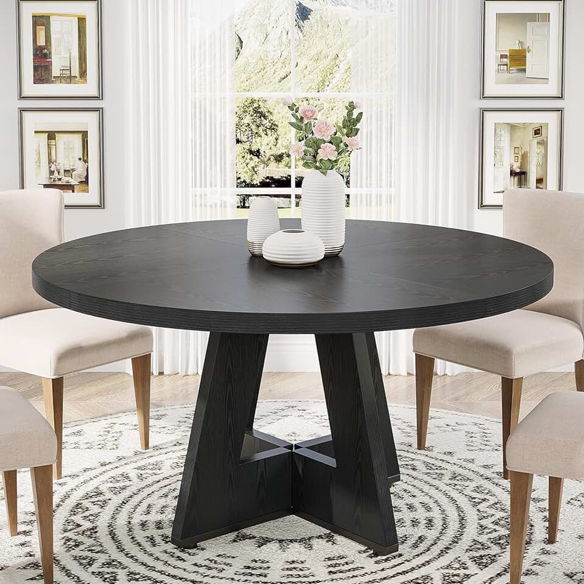 Ronde Eettafel 120 cm, Keukentafel Esthetiek voor 4 Personen, Rustiek Bruin Houten Bovenkant en Poten, Eetkamer & Keukentafel (Zwart)