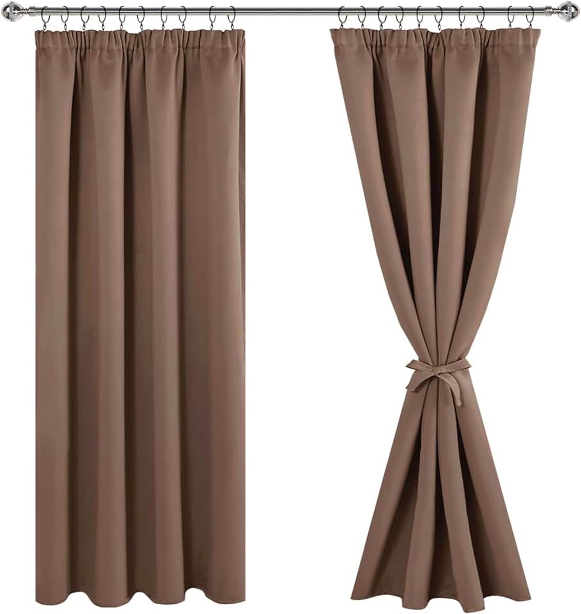 Gordijnen met plooiband, verduisteringsgordijnen, ondoorzichtig, woonkamer, slaapkamer, thermogordijn, h 160 x b 140 cm, kaki, set van 2