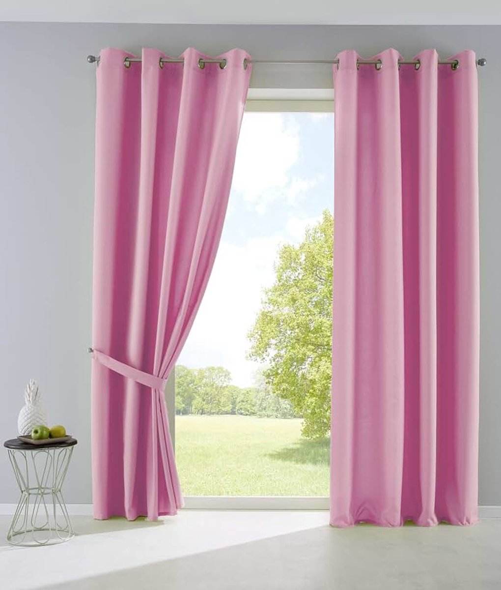 10000265-2 Set van 2 gordijnen ondoorzichtige gordijnen mat lichtdoorlatend met oogjes en gordijnhouders, decoratief gordijn HxB 175x140 cm roze,