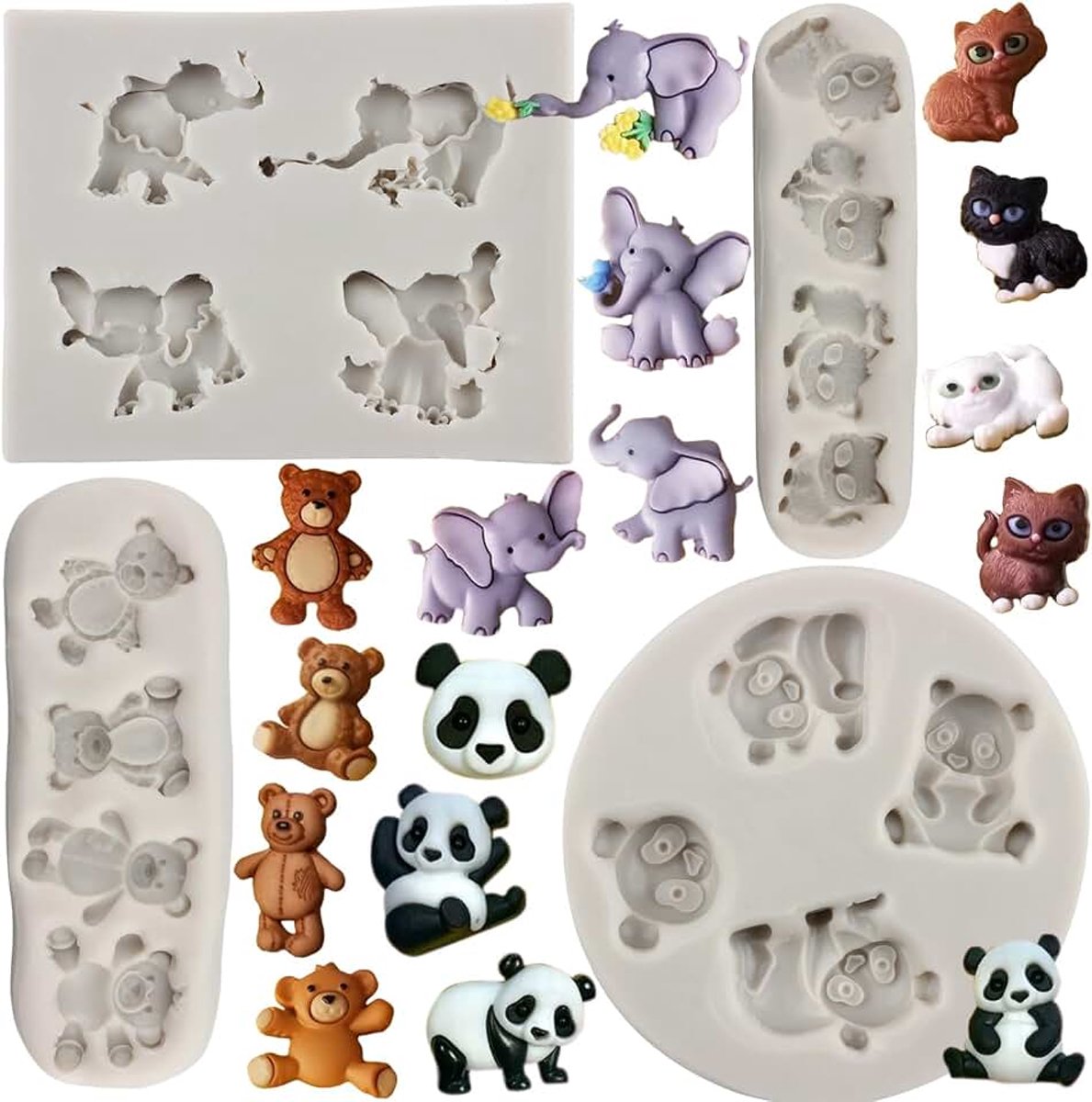 Beer Panda Kat Siliconen Fondant Mallen Set van 4 | Chocolade Snoep Hars Suiker Gom Pasta Cake Decorating