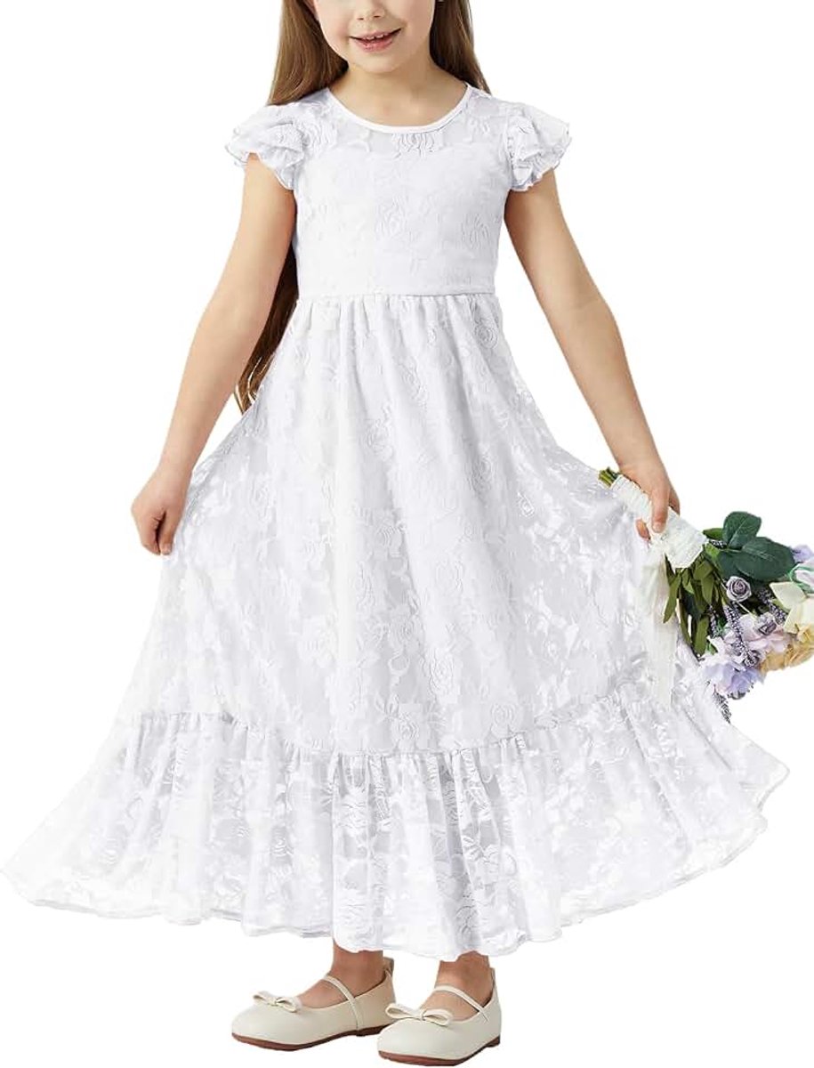 Lange Mouw Kanten Maxi Jurk voor Peuters & Meisjes – Boho A-Lijn Jurk voor Bruiloft, Doop, Eerste Communie 3-12 jaar