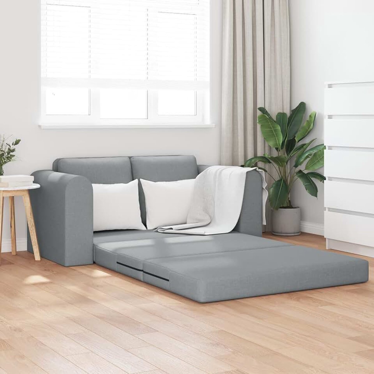 2-in-1, lichtgrijs, 148 x 71 x 83 cm, stof, slaapbank voor 2 personen, opbergruimte, dagbed, comfortabel logeerbed, opvouwbare bank, moderne woonkamer