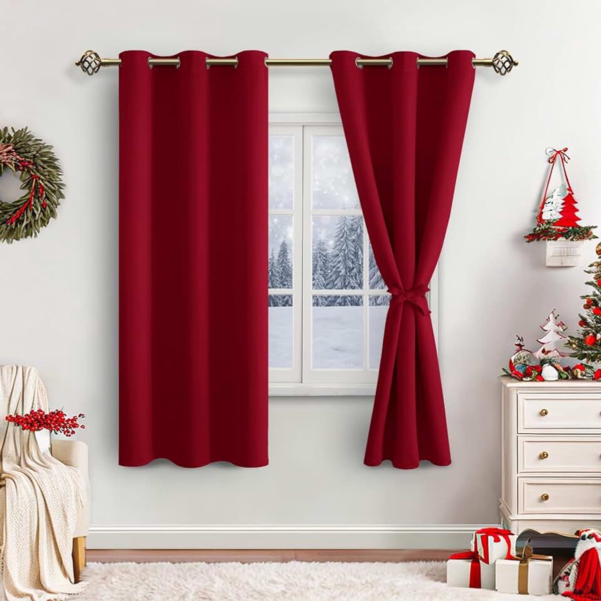 Verduisterende gordijnen, inslagringen, voor slaapkamer, woonkamer, rood, 2 stuks, 137 x 117 cm (H x B)