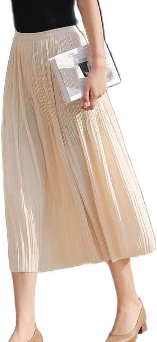 Zware Industrie Geperste Plooirok - Zomer A-Lijn Hoge Taille Mid-Lengte All-Match Rok Met Slanke En Leeftijdsverminderende Drapering, Mode Effen Kleur All-Match En Slanke Pakrok,Beige,