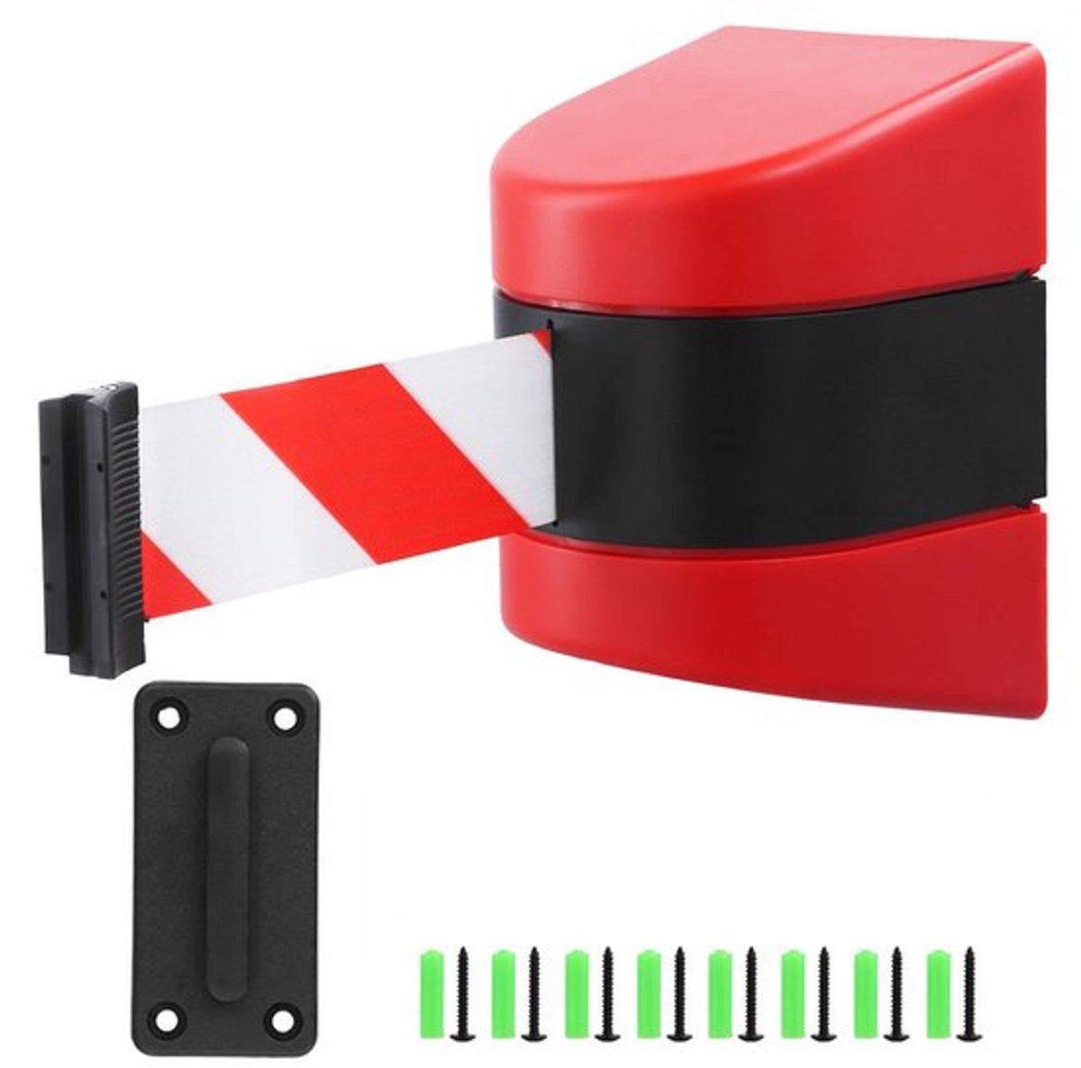 Intrekbare riembarrière 10 meter met wandbehuizing - Rood/wit afzetlint voor crowd control op evenementen