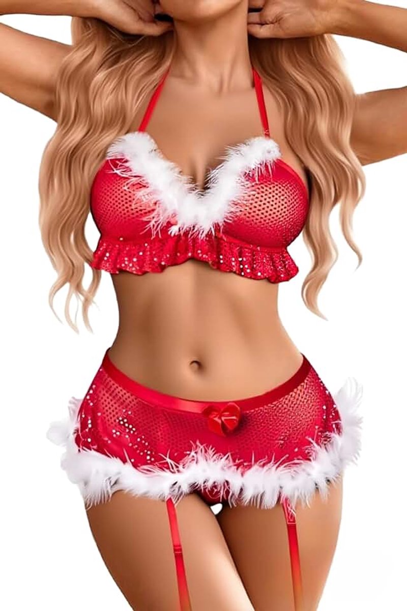 Dames kerstlingerie set sexy halterbeha en broekje sets babydoll Santa lingerie kostuum 3-delig met kousenband festival outfit