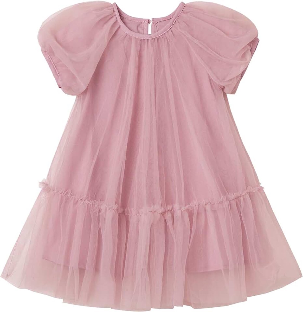 Tule-jurk voor meisjes met katoenen voering, elegante A-lijn partyjurk met pofmouwen, meerlaagse rok en comfort voor actieve kinderen