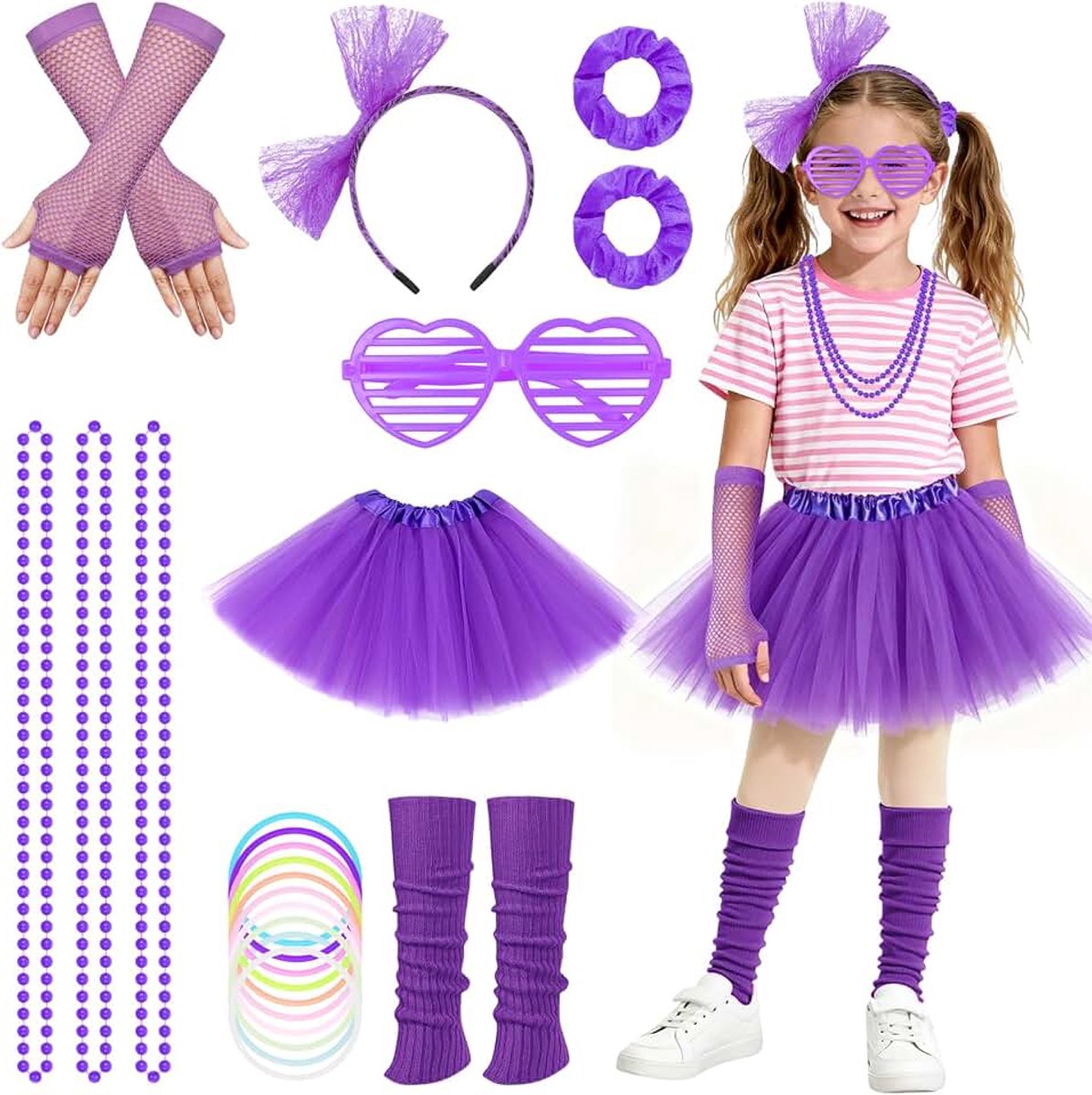 80-90-outfit, jaren 80-carnavalskostuum, accessoires voor meisjes met tutu/hoofdband, mouwen, armbanden, haarbanden, halskettingen, voetenzakjes, bril, jaren 90-outfit, set kinderkleding