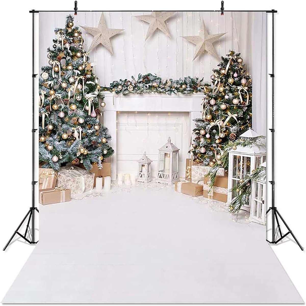 Kerstfotografie achtergrond voor kinderen kinderen portret fotoshoot binnen witte open haard houten vloer kerstachtergrond voor fotostudio (6 x 8 ft)