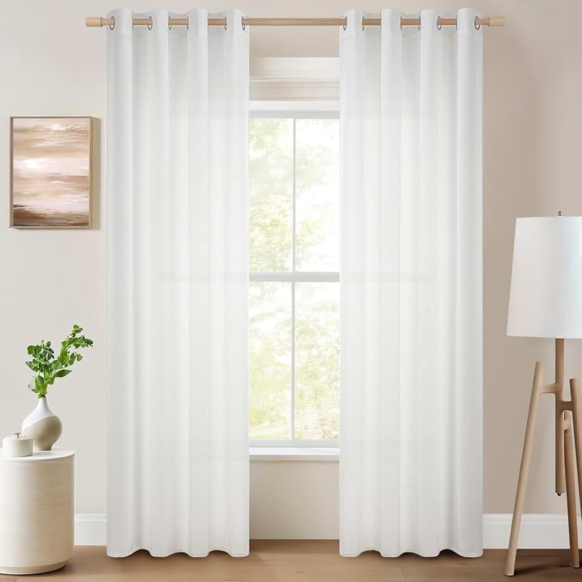 Gordijnen voor woonkamer, voile gordijn met ingestanste ringen, moderne gordijnen, wit, half-transparant, linnenlook, 1-delige set, 300 x 260 cm