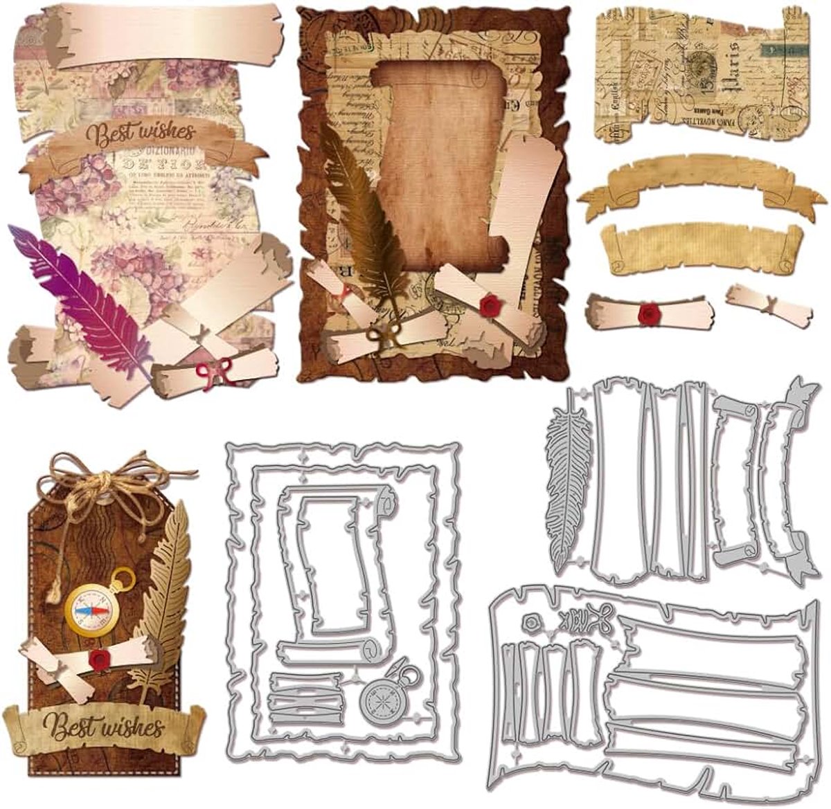 Vintage Scroll Banner Snijden Dies voor DIY Scrapbooking Metalen Deckle Edge Cut Dies Veren Kompas Die Cuts Voor Kaarten Maken Embossing Fotoalbum Craft Decor