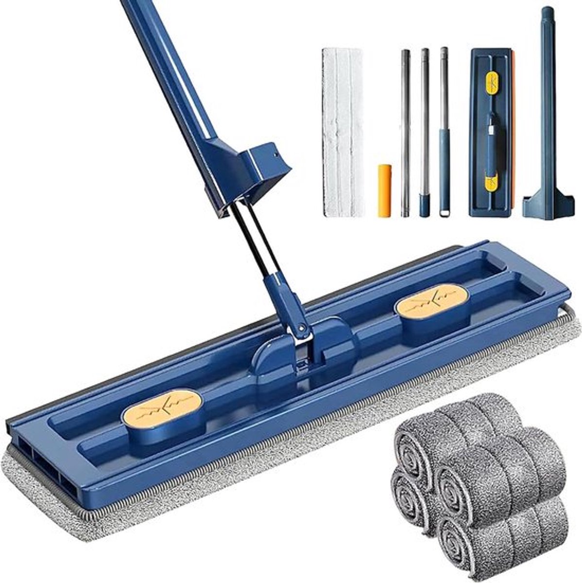 Grote platte mop met uitwringfunctie en 360° draaischarnier - Vloerwisser en dweilset voor nat en droog gebruik in het huishouden - Blauw - Inclusief 4 microvezel-dweilpads