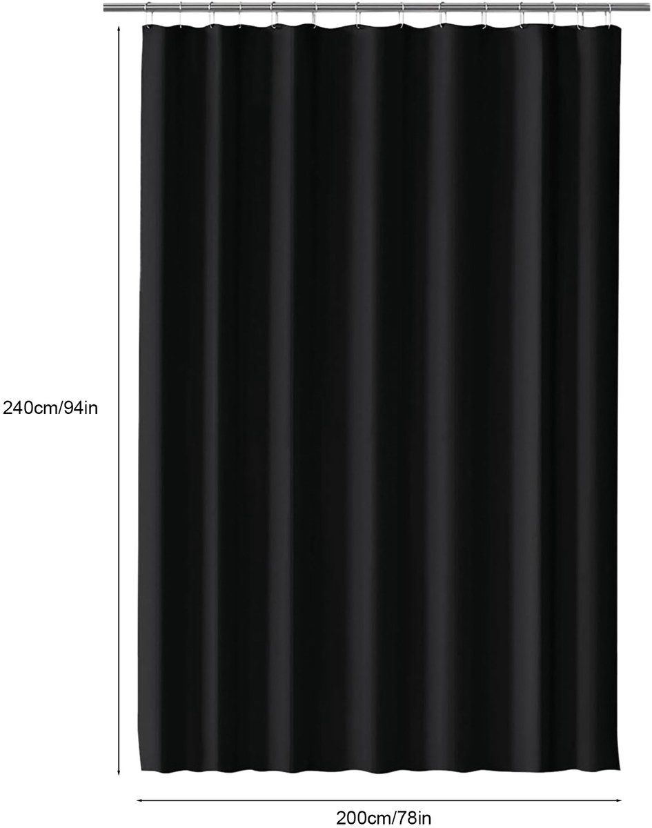 Wishdor Douchegordijn Zwart 200x240 cm - Waterafstotend - Met Ringen - Verzwaarde Zoom - Wasbaar Polyester - Badkamer & Bad - Roestvrije Ringen