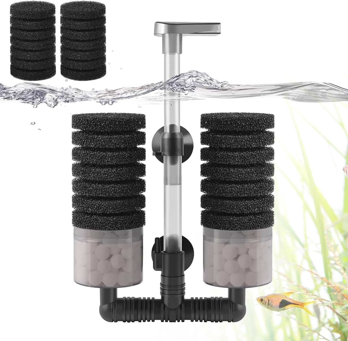 Aquariumfilter, aquariumsponsfilter met biochemische spons en keramische ballen, stil binnenfilter voor 30-120 l zoet en zout water