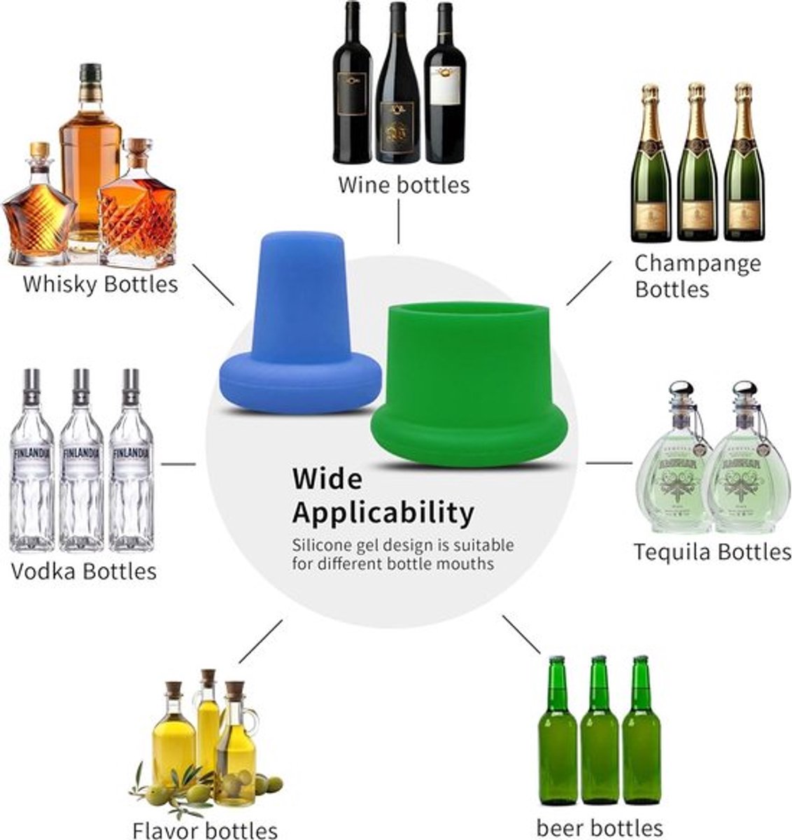 Siliconen Wijnstops - Herbruikbare Champagneflessenstops - Wijnflessendoppen - Kroonkurken - Glazen kurken - Dranken - Bier - Champagneflessen - Wijnsluiting - 10 stuks - Binnendiameter 1,8 cm tot 2,2 cm