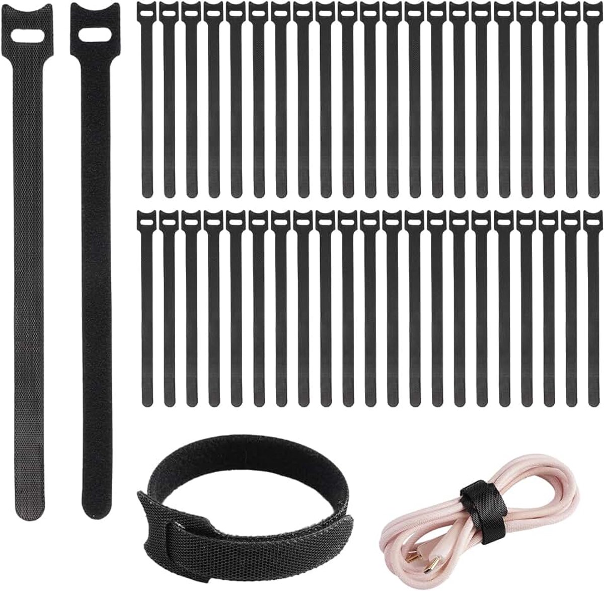 100 Stuks Klittenband Kabelbinder, 200 x 12 mm Klittenbandsluiting | Zwart Kabelbinders met Klittenband Verstelbaar, voor Bevestigen, Bundelen en Kabelmanagement, Thuis en Kantoor