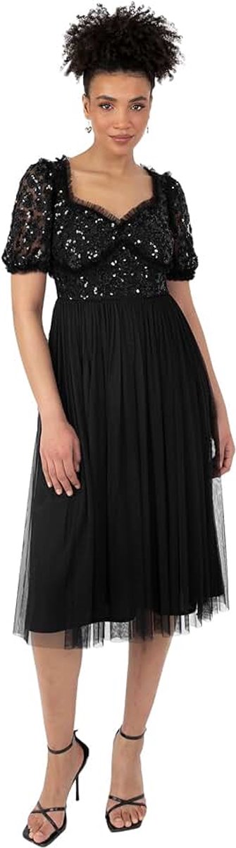 Deluxe Dames Dames Midi Jurk Korte Pofmouwen Sweetheart Neckline 3D Bloemen Embellished Ruffle Tule A-lijn Occasion Zwart 44, zwart, 44