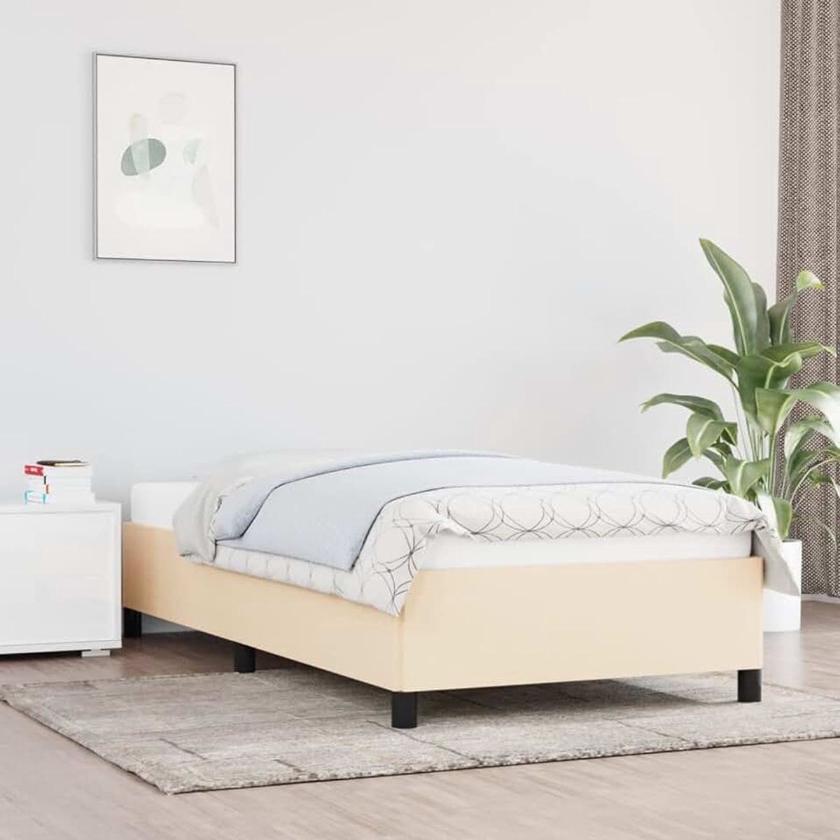 Bedframe, crème, 90 x 200 cm, van stof, bedframe, bedframe, modern bed, structuur bed met lattenbodem, voor woonkamer, slaapkamer