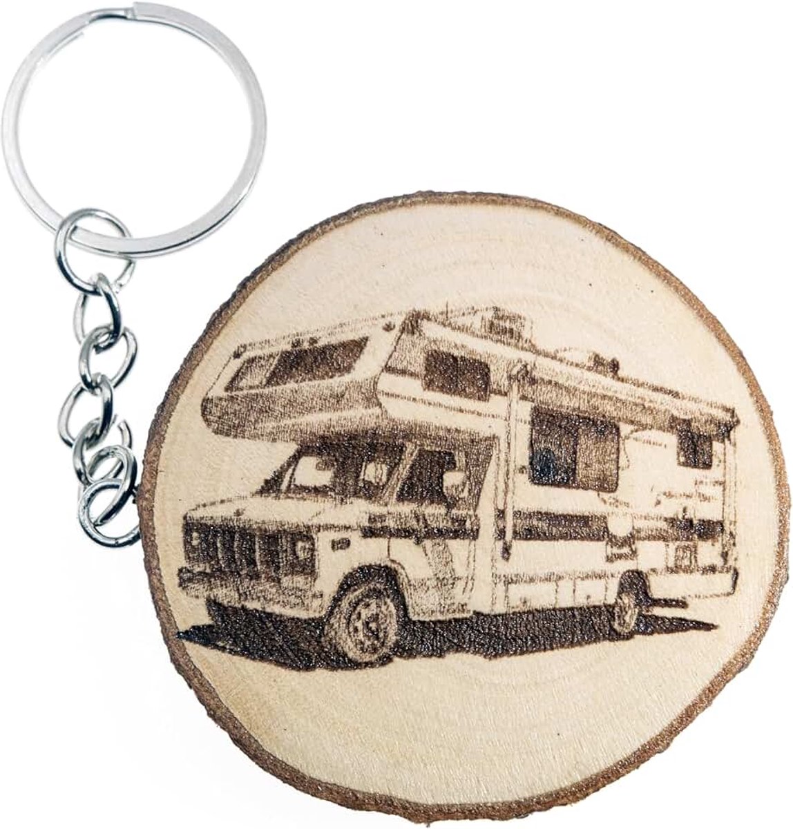 Generico Sleutelhanger van natuurlijk hout met camper caravan reis