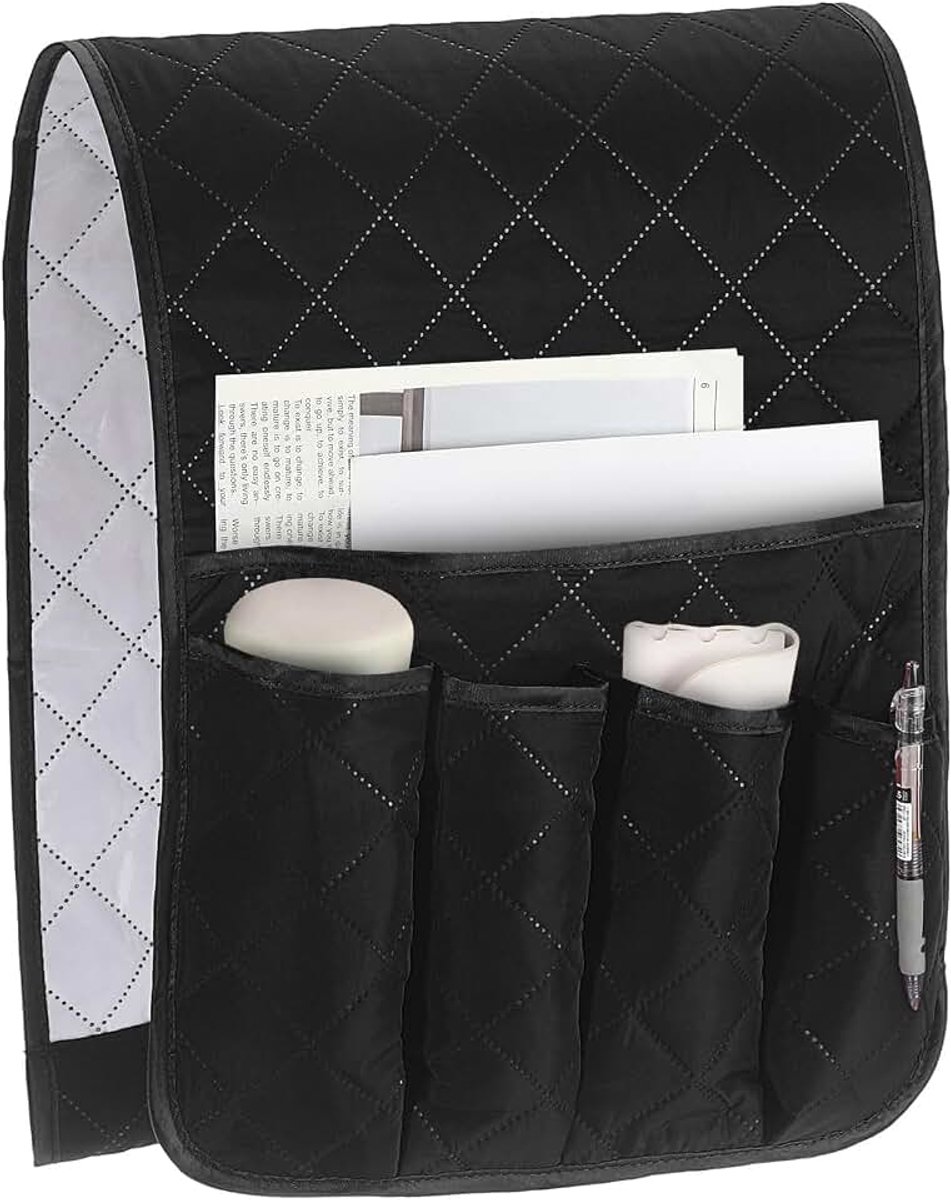 1 stuk caddy voor ligstoel, bank armleuningen organizer met 5 vakken voor nachtkastje, bank, afstandsbedieningshouder, tijdschriften, telefoonboeken, brillen (zwart, 88,9 x 33 cm)