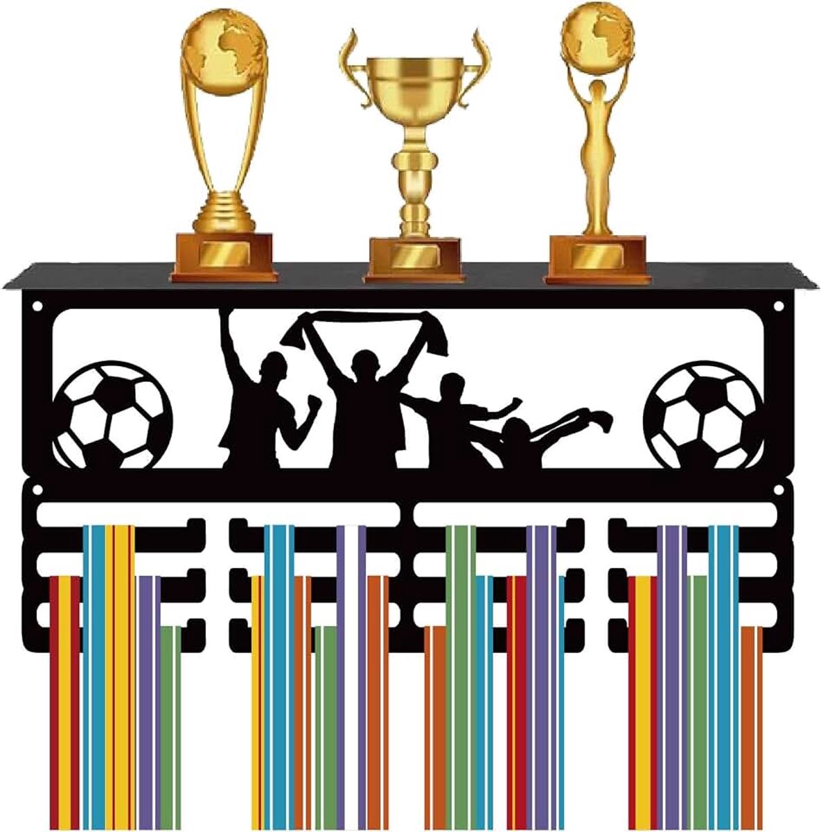 Voetbal Medaille Hanger Display Trofeeplank Voetbal Medaille Houder met Plank Stand Sport 4 Rijen Metaal Hangende Wandmontage Houd 70+ Medailles voor Wedstrijd Lint Medailles Rack Zwart