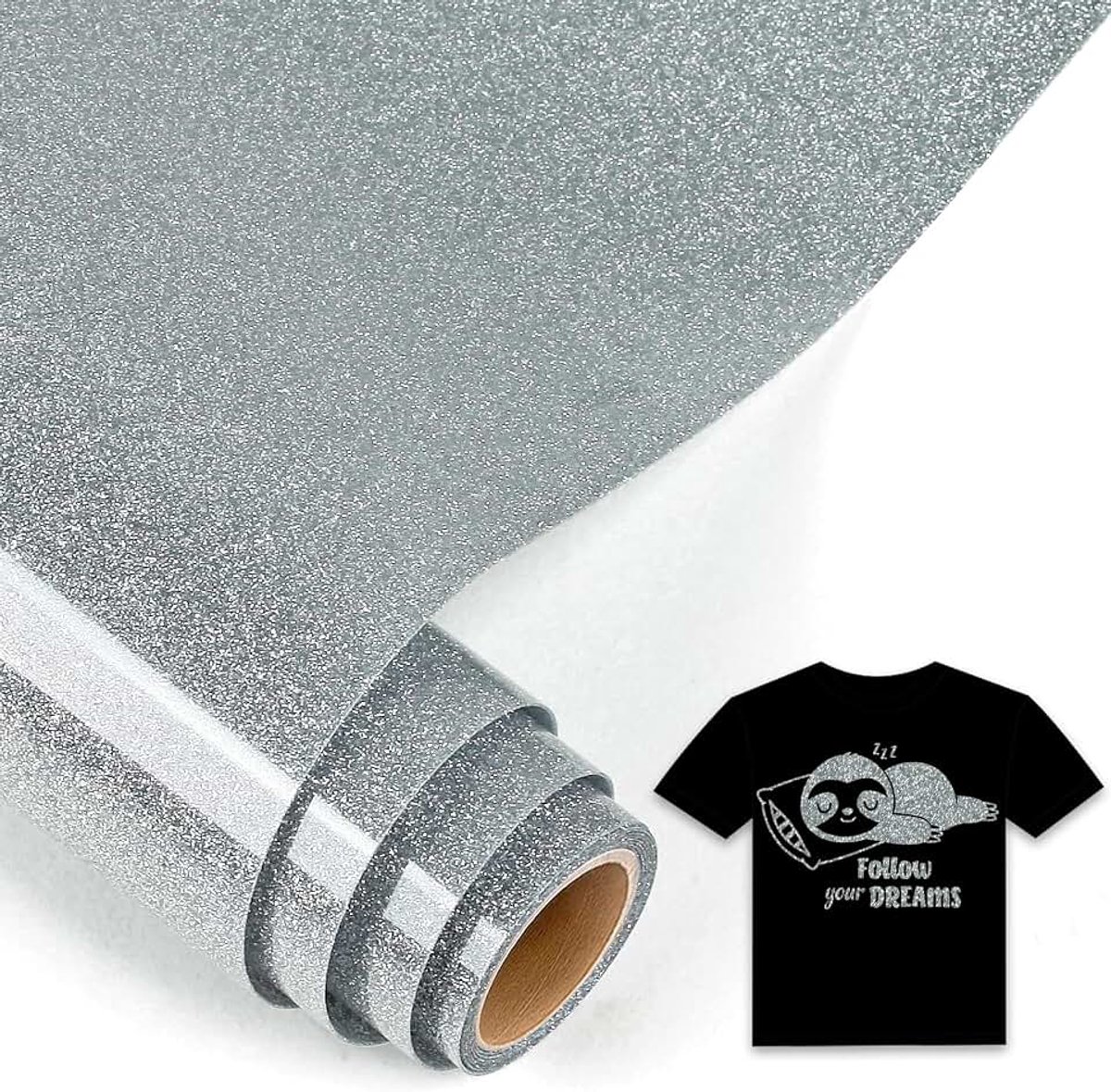 5Ft plotterfilm textiel glitter zilver, 30,5 x 152,5 cm flexfilmplotter textiel zilver voor Cricut, Silhouette Cameo, textielfilmplotter zilver voor kleding, hoeden, broeken, andere stoffen