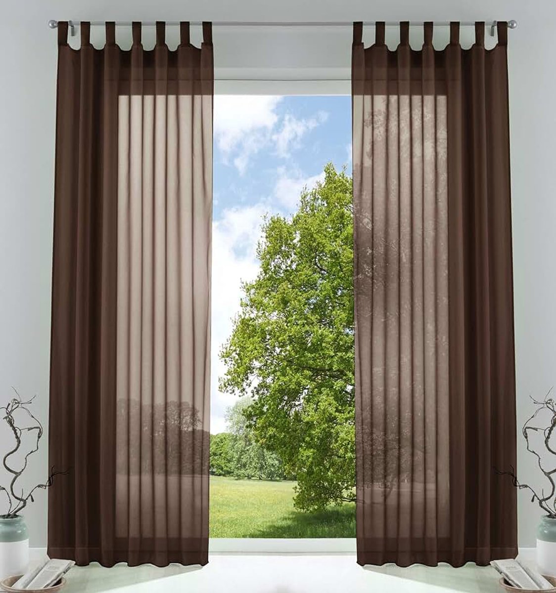 Set van 2 gordijnen, transparant, voor woonkamer, voile, lusgordijn met loodband, H x B 245 x 140 cm, bruin, 61000CN | Afneembare lussen voor gordijnrail, ingenaaide plooiband, loodband, 100% polyester voile, wasbaar op 40 °C