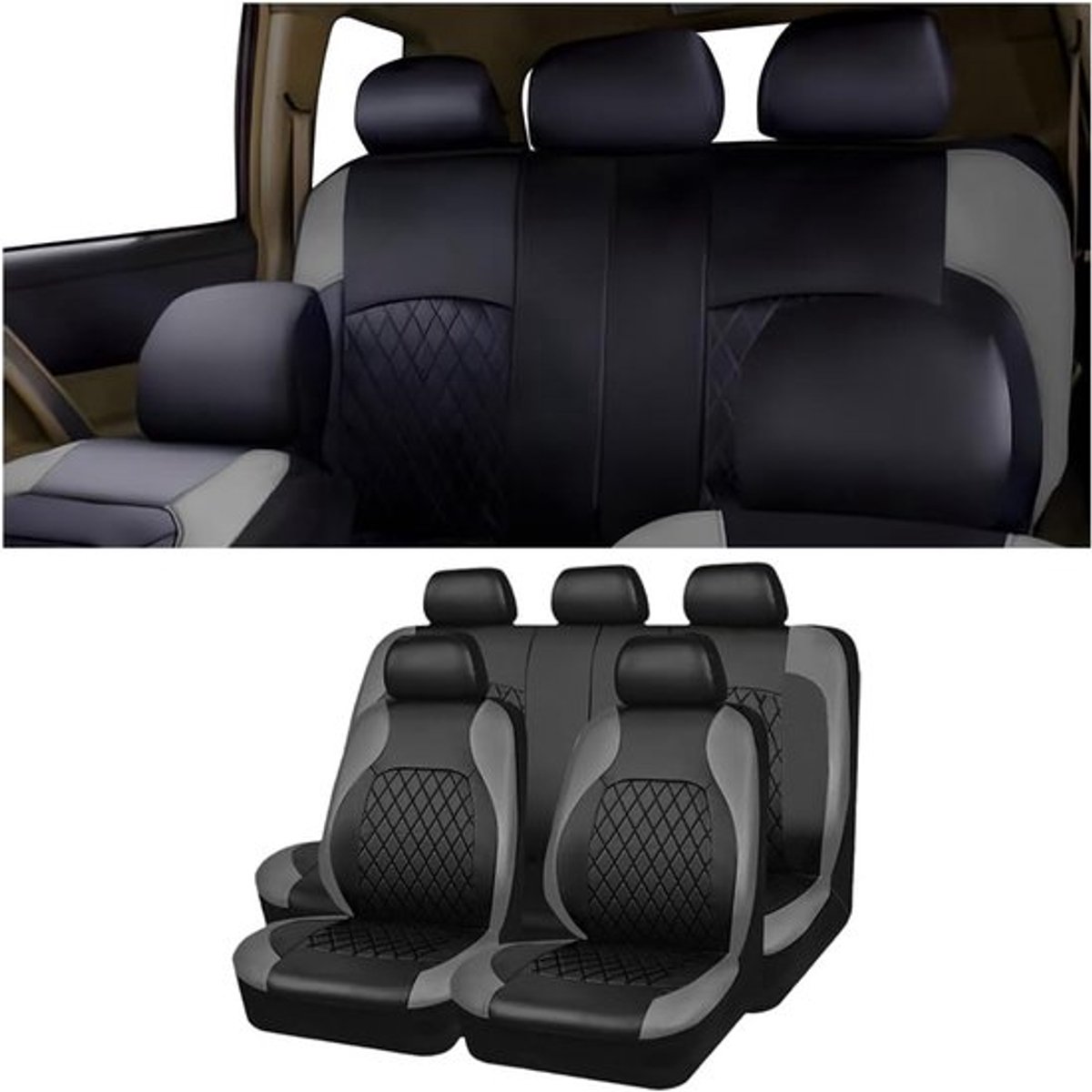 Complete Set van 9 Autostoelhoezen - Universele Leren Bescherming, Ademend en Antislip voor Voor- en Achterstoelen - Auto Interieur Accessoires (Grijs)