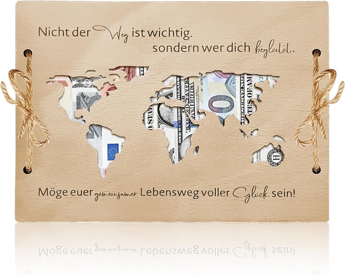 Wensvuller voor geldcadeau, verjaardag, gepersonaliseerde geldverpakking, wereldkaart, cadeaukaart van hout, kleine wensvulpen, kaart, geldcadeau, verpakkingen, wenskaart voor bruiloft