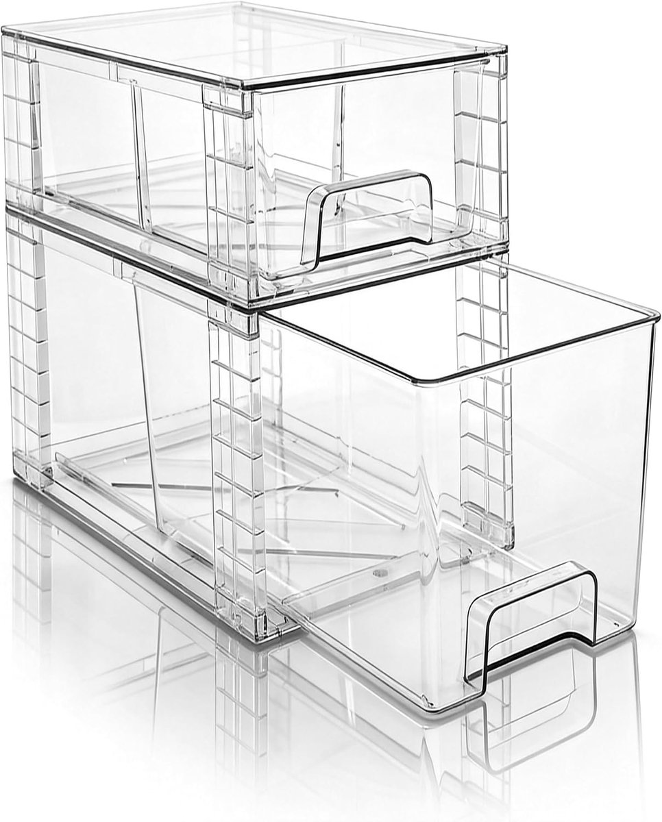 2 Stuks Stapelbare Transparante Opberglades, Kunststof Organizers met Handvatten, Eenvoudig Te Monteren, Voor Badkamer, Keuken, Voorraadkast, Kast, Onder Gootsteen