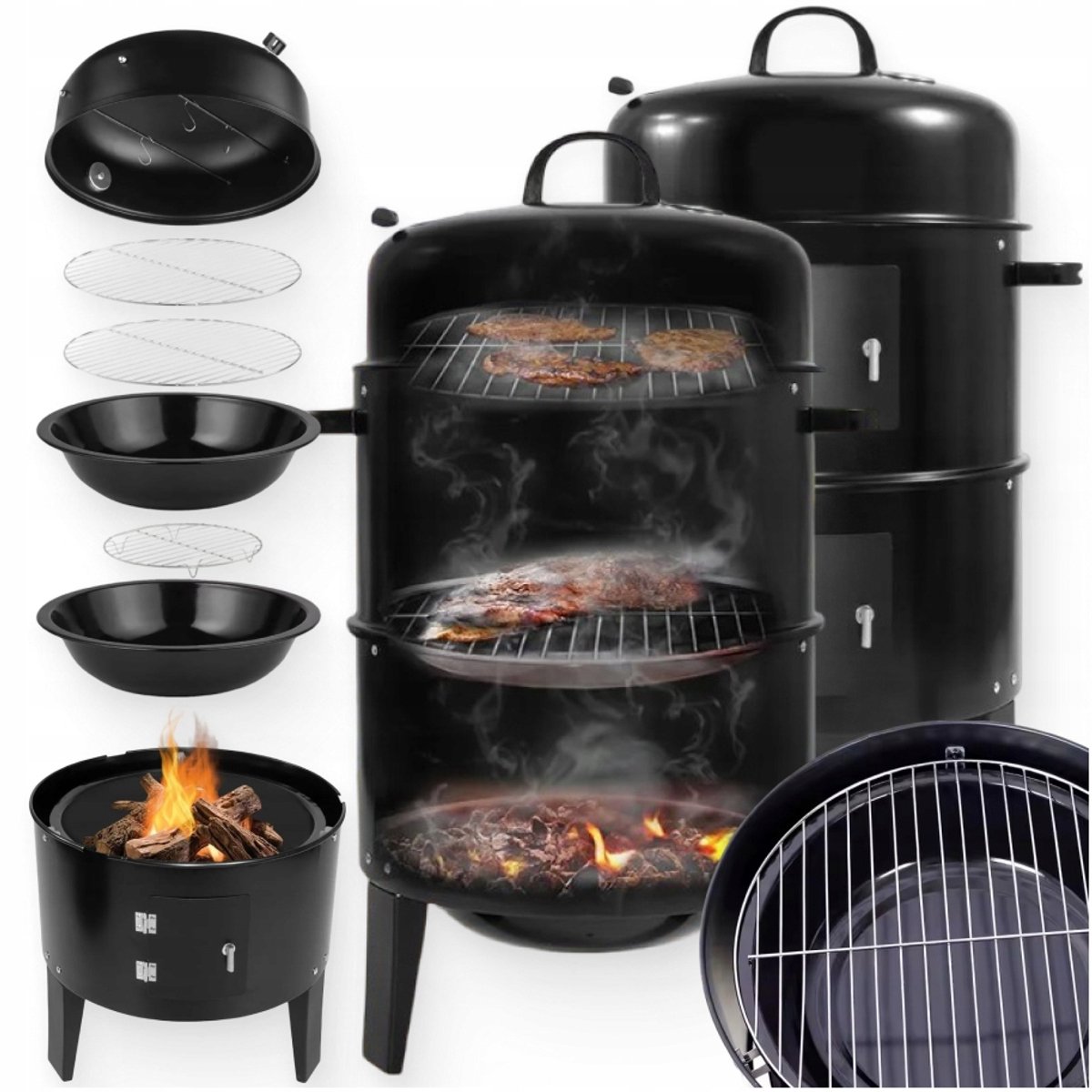 3-in-1 Grill, Roker & Vuurschaal - Staal met Thermometer