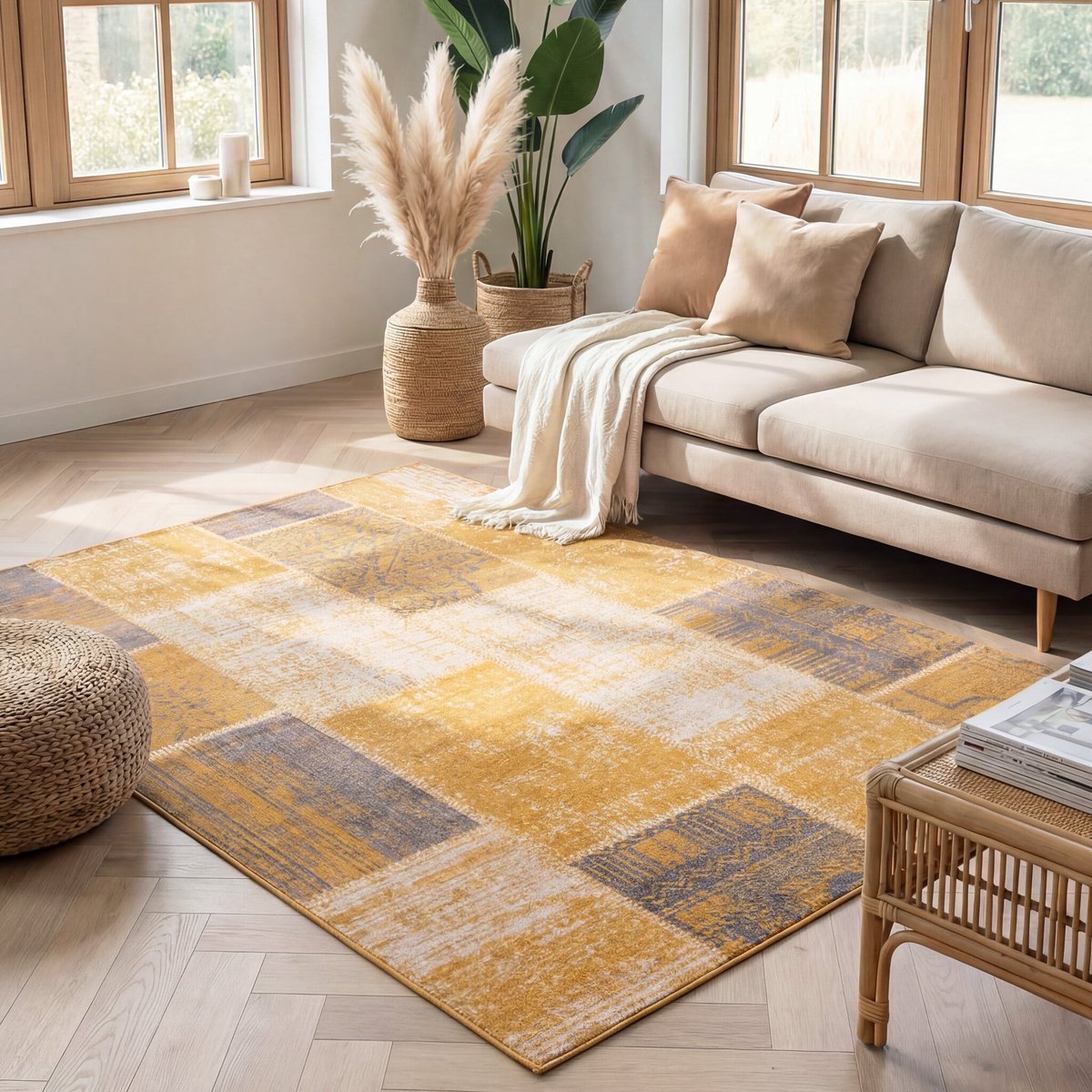 Fraai Patchwork vloerkleed - Spring Okergeel/Taupe - 120x170cm