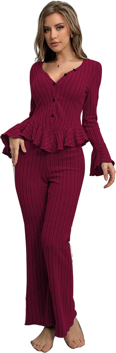 Dames Ribgebreide Loungeset 2-delig Herfst/Winter Outfit Casual Knopen Peplum Top en Flare Broek