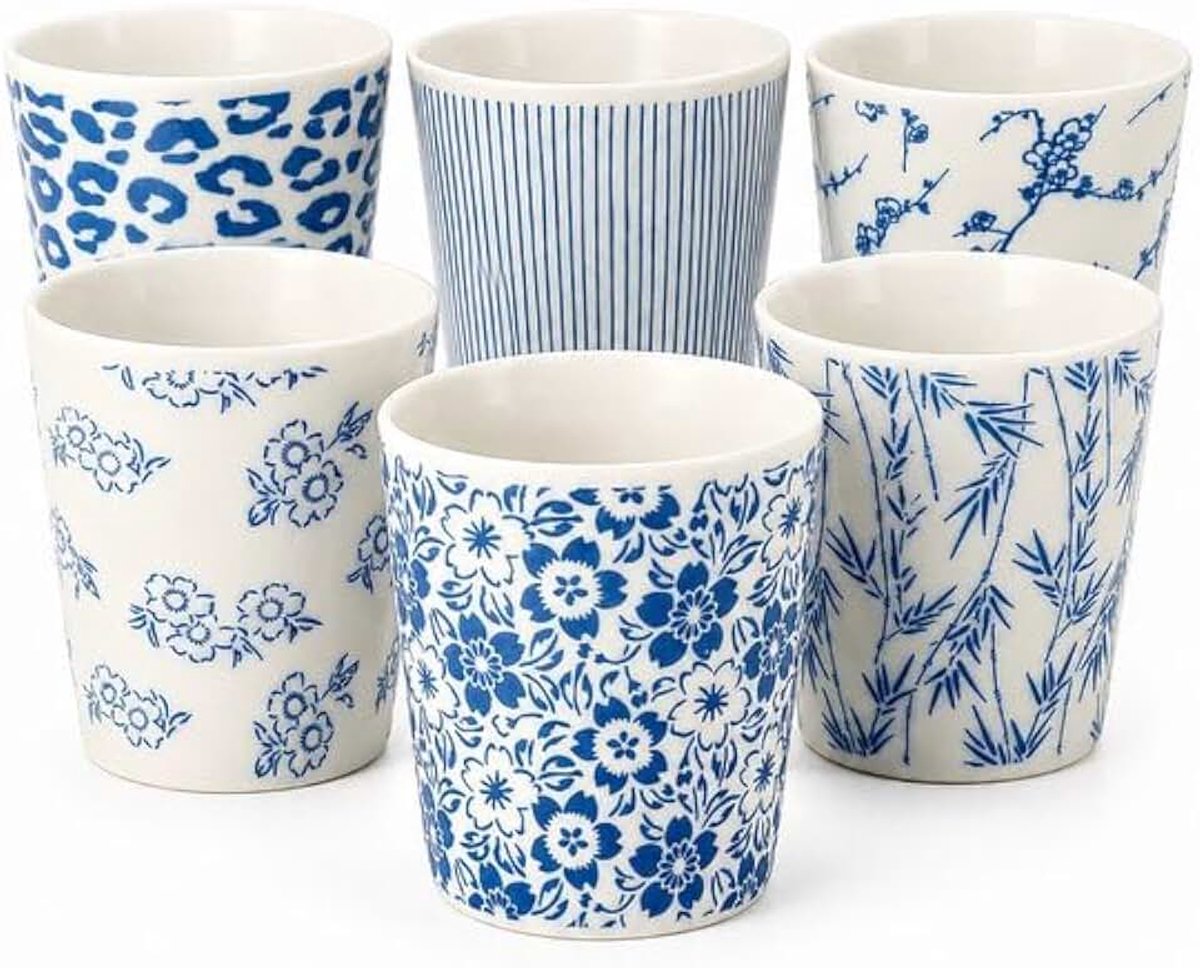 Keramiek Zonder Oor Set van 6 – Keramische Koffiemokken 200 ml – Blauw-Wit Stapelbaar – Koffiekopjes voor Espresso, Lungo, Cappuccino, Koffie en Thee