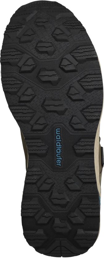 Zwarte profielzool van een bruine sneaker met 'waldlaufer' logo in het midden.