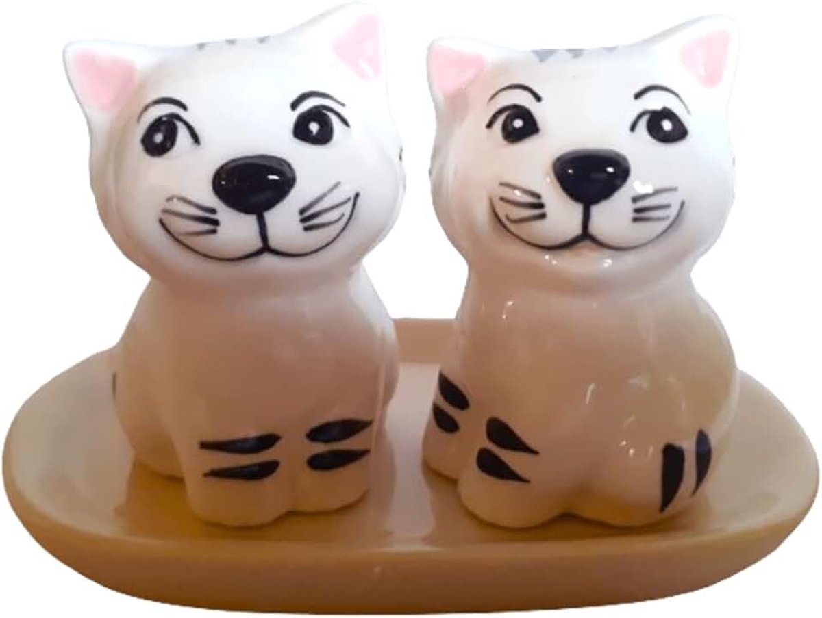 Zout- en peperstrooier Set-CATS CARTOON-met witte onderzetter