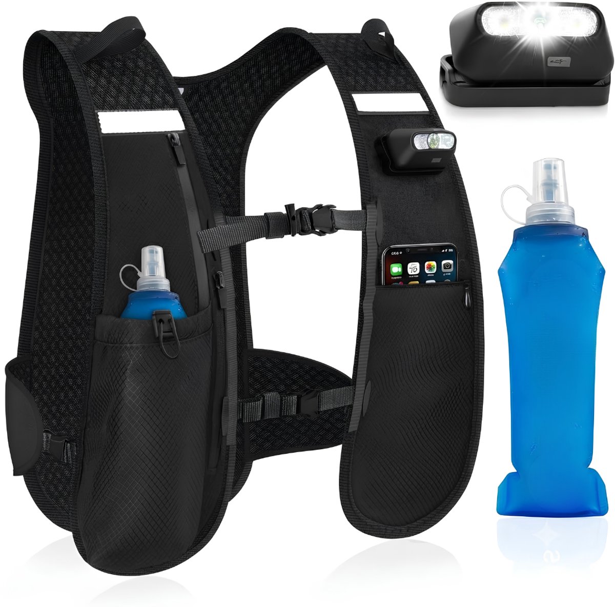 JCP® Hardloopvest - Hardloopvestje - Hardloopvest met Drinken en Telefoonhouder - Zwart - 24cm x 15cm x 7cm