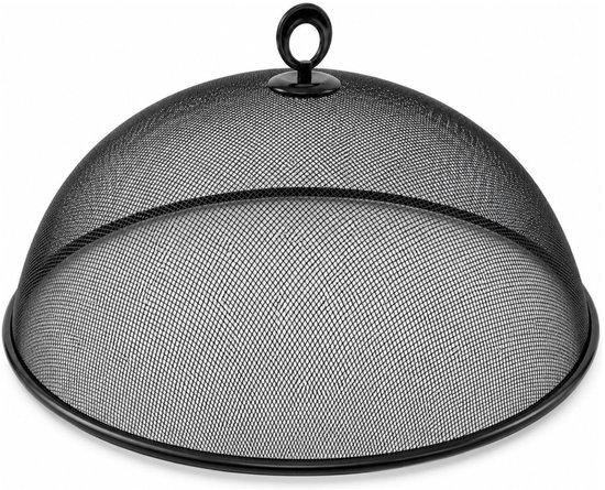 Couvre-plat rond et noir avec poignée. Fabriqué en maille fine.