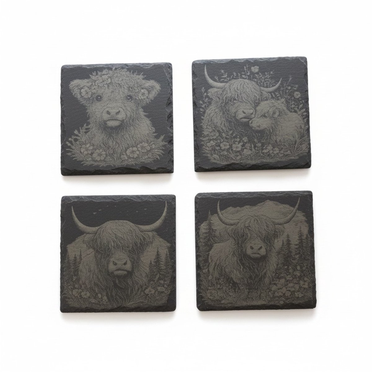 Onderzetter SET gegraveerde leisteen - Schotse hooglander - 10x10 cm - Set van 4
