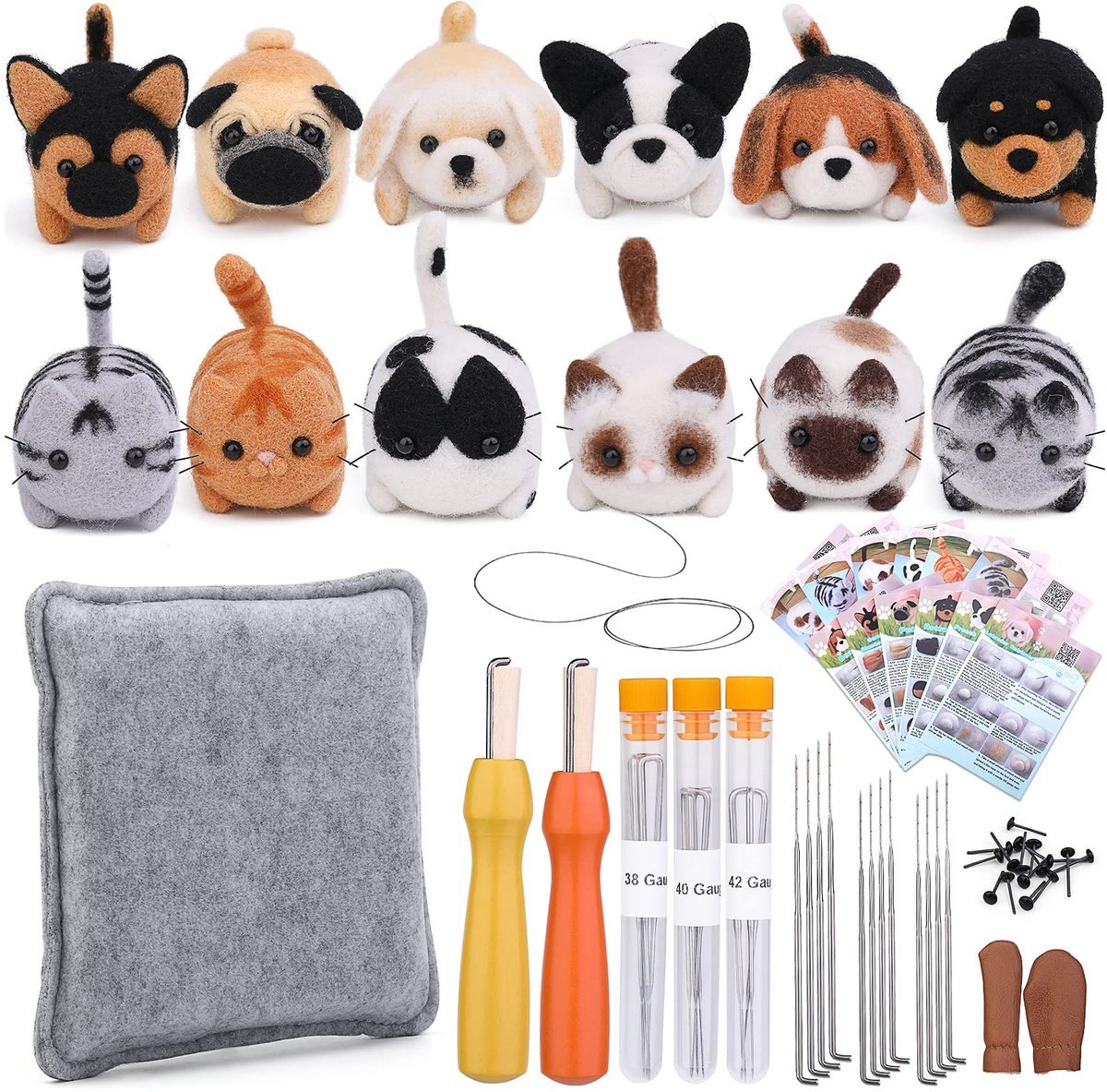 Casalora Punch Needle - Naaldviltpakket voor Beginners - 12 Katten en Honden - Complete DIY Starterset met Wol en Viltnaalden