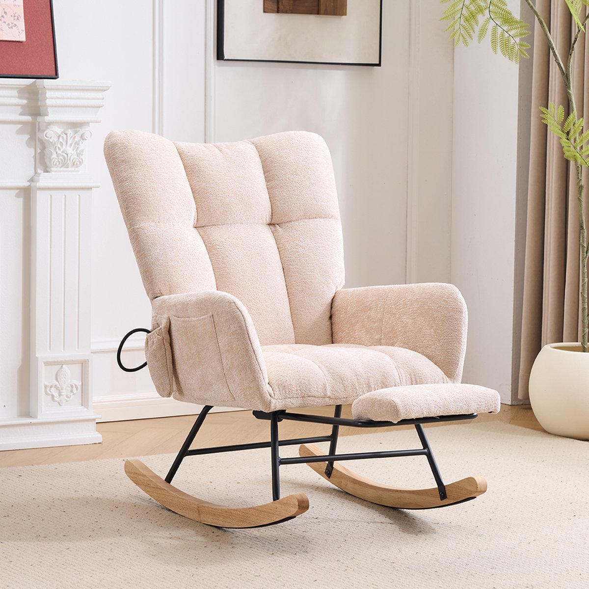Schommelstoel - Comfortabele Relaxstoel Met Hoge Rugleuning - Chenille Leesstoel Beige Met Voetsteun